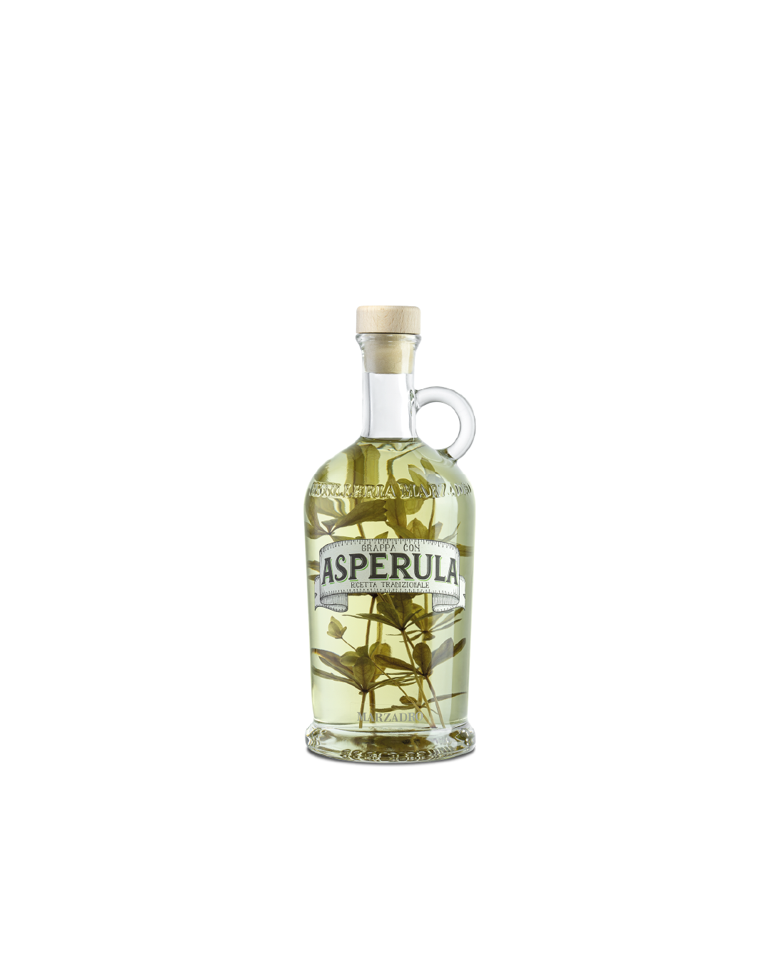 Marzadro Grappa con Asperula, bottiglia con infusione di erbe alpine