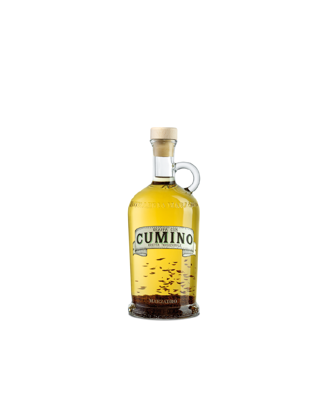 Marzadro Grappa con Cumino, bottiglia con infusione di cumino
