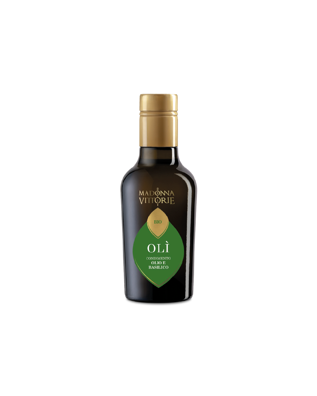 Condimento a base di Olio BIO e Basilico MDV, bottiglia su sfondo bianco