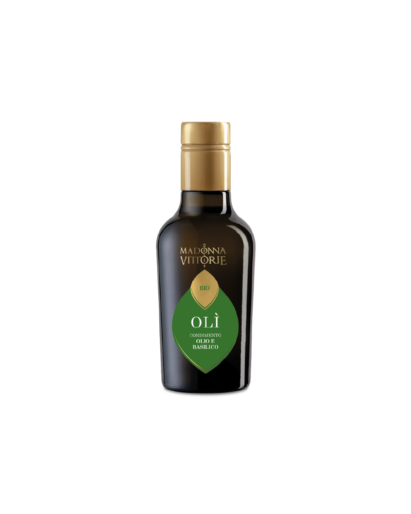 Condimento a base di Olio BIO e Basilico MDV, bottiglia su sfondo bianco