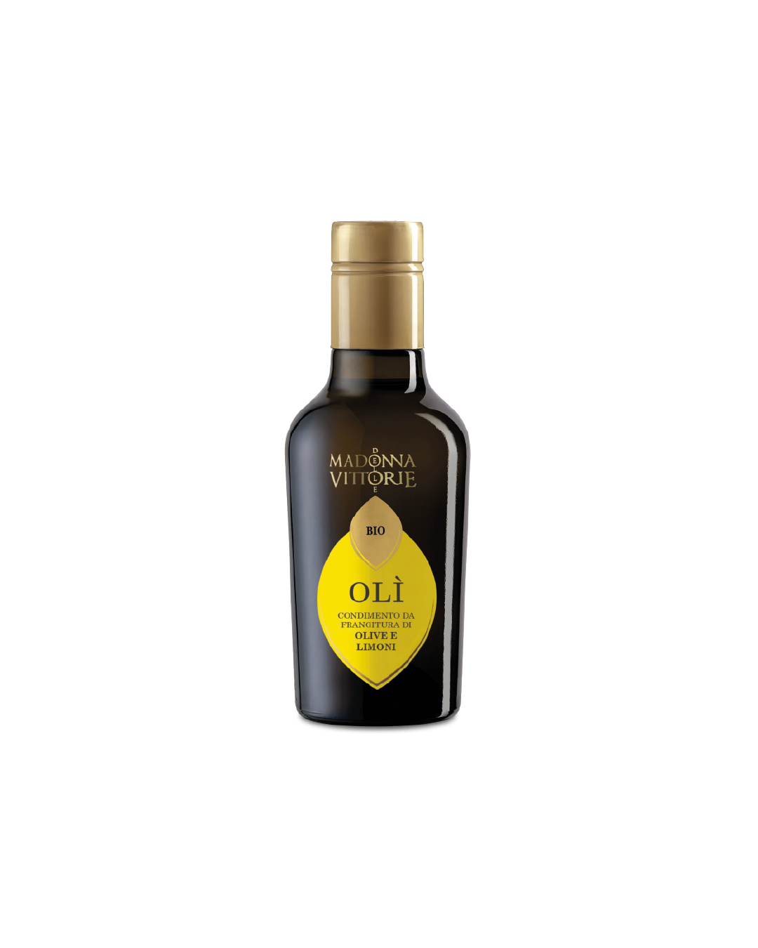 Condimento a base di Olio BIO e Limoni MDV, bottiglia su sfondo bianco
