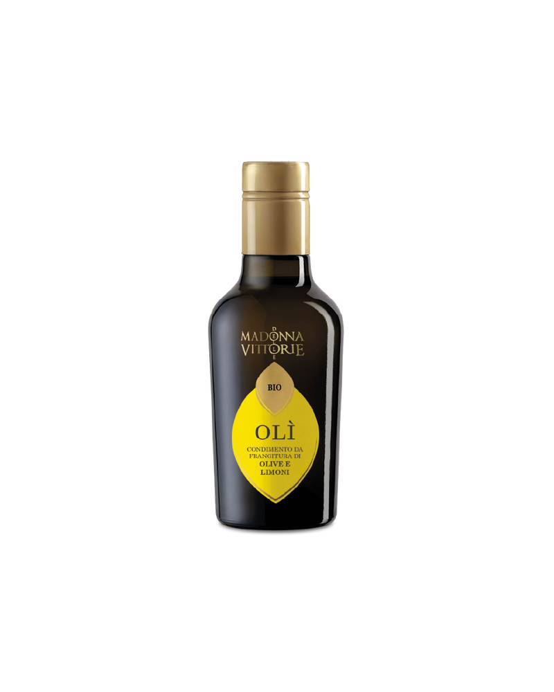 Condimento a base di Olio BIO e Limoni MDV, bottiglia su sfondo bianco