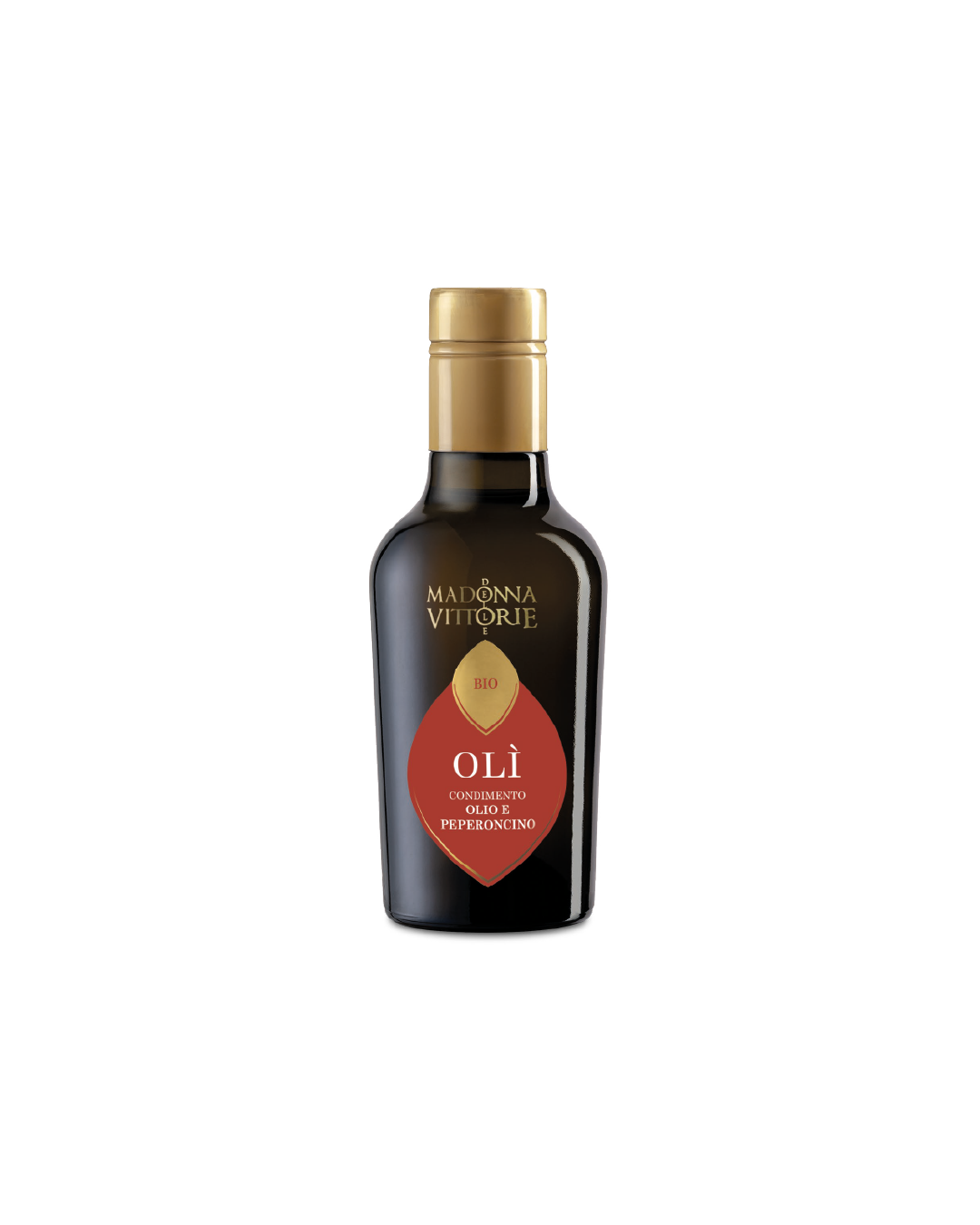 Condimento a base di Olio BIO e Peperoncino MDV, bottiglia su sfondo bianco