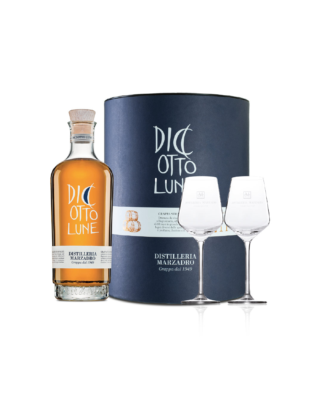 Confezione cilindro Marzadro Diciotto Lune con due bicchieri da grappa