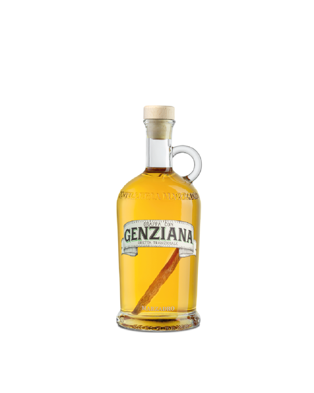 Marzadro Grappa con Genziana, bottiglia con infusione di genziana alpina