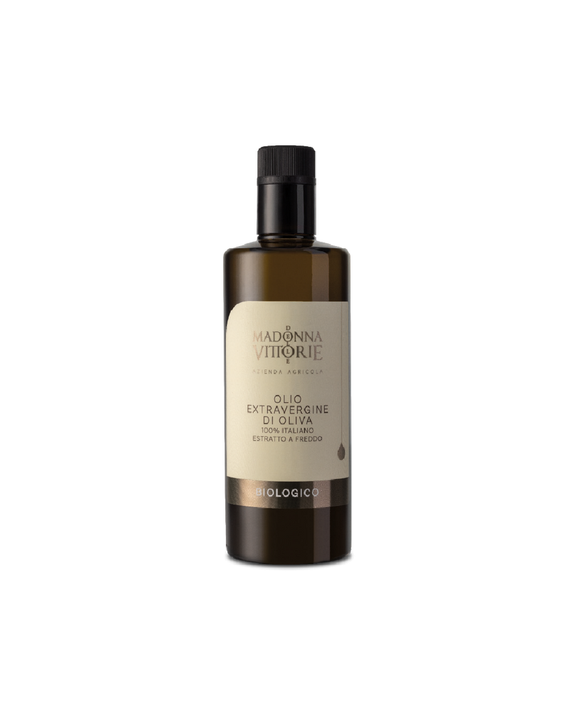 Olio Extravergine d'Oliva Biologico MDV, bottiglia di olio bio su sfondo bianco