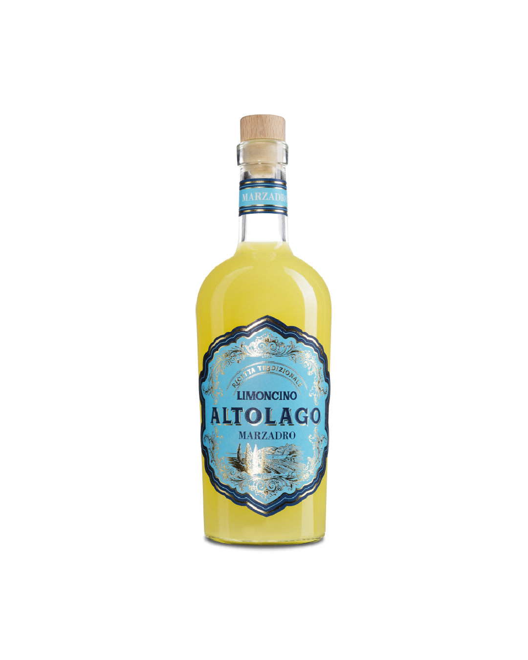 Altolago limone analcolico Marzadro, bottiglia del limoncino su sfondo bianco