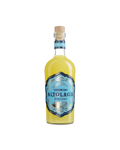 Altolago limone analcolico Marzadro, bottiglia del limoncino su sfondo bianco