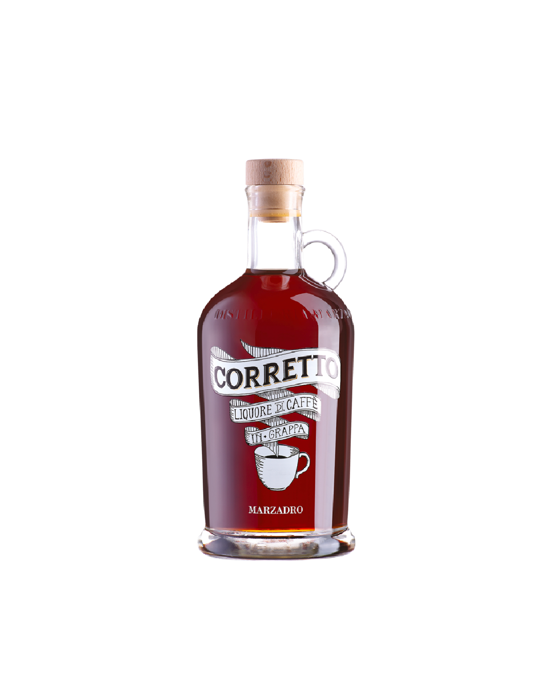 Marzadro Corretto, bottiglia del liquore da caffè su sfondo bianco