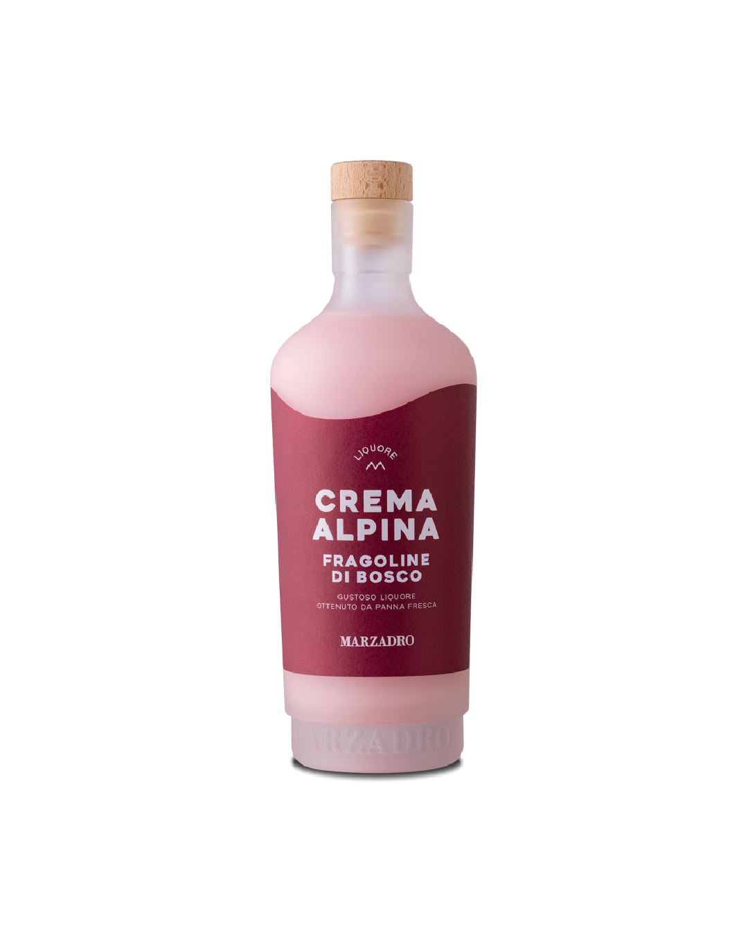 Crema Alpina Marzadro Fragoline di Bosco, bottiglia su sfondo bianco