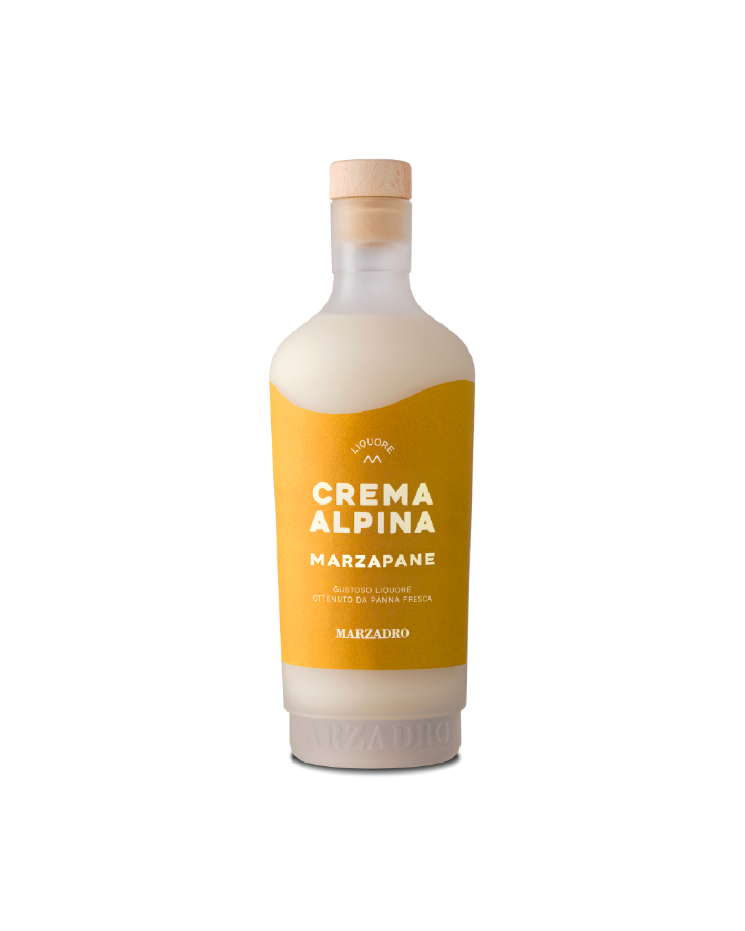 Crema Alpina Marzadro Marzapane, bottiglia su sfondo bianco