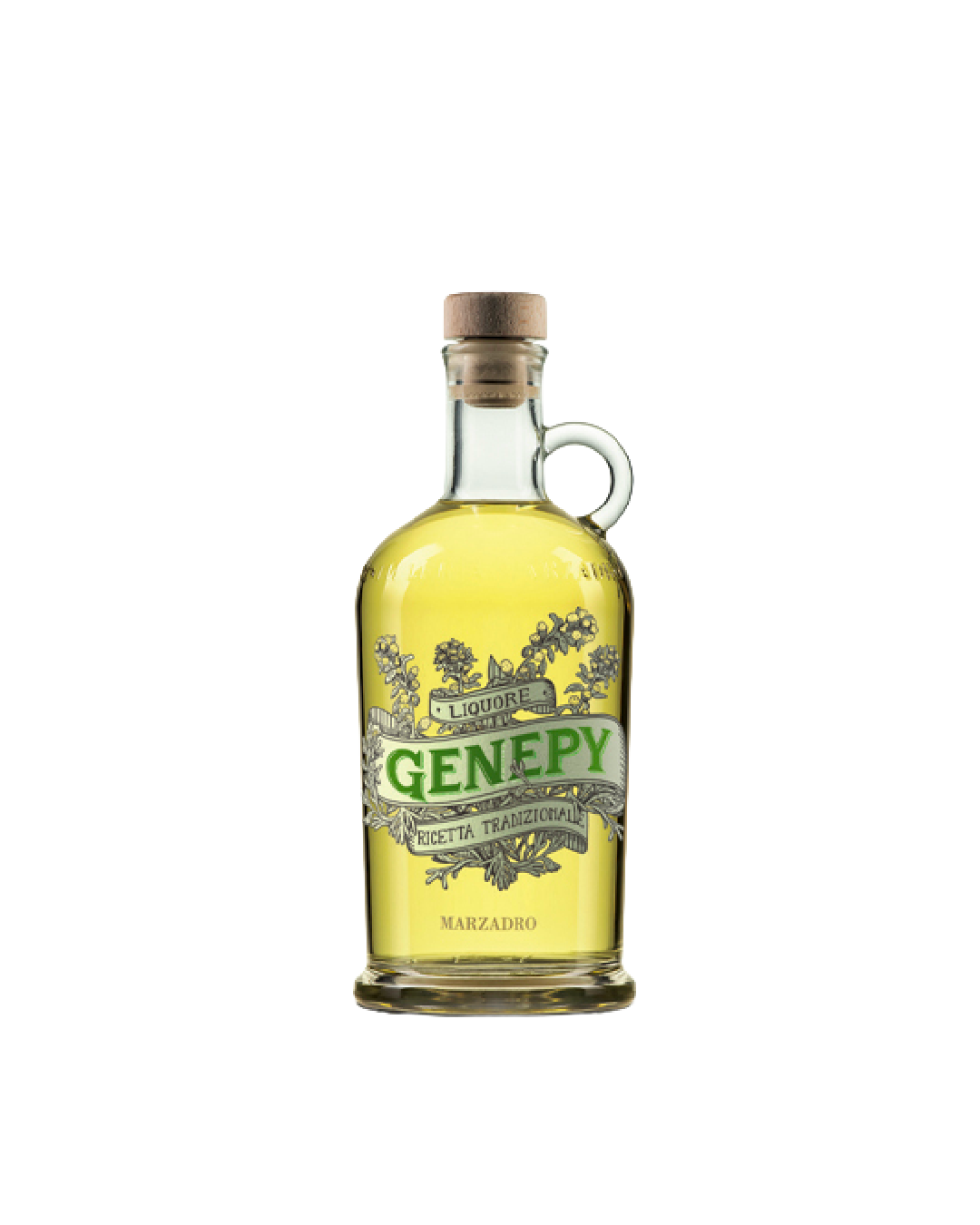 Marzadro Genepy, bottiglia del liquore alpino al genepì su sfondo bianco