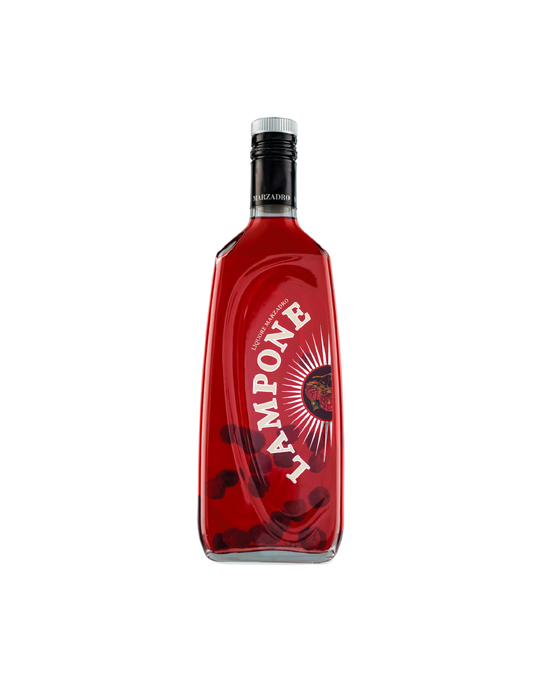 Liquore Marzadro Lampone, bottiglia del liquore al lampone su sfondo bianco