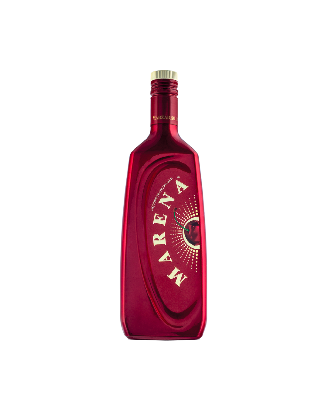 Liquore Marzadro Marena, bottiglia del liquore alla marasca su sfondo bianco