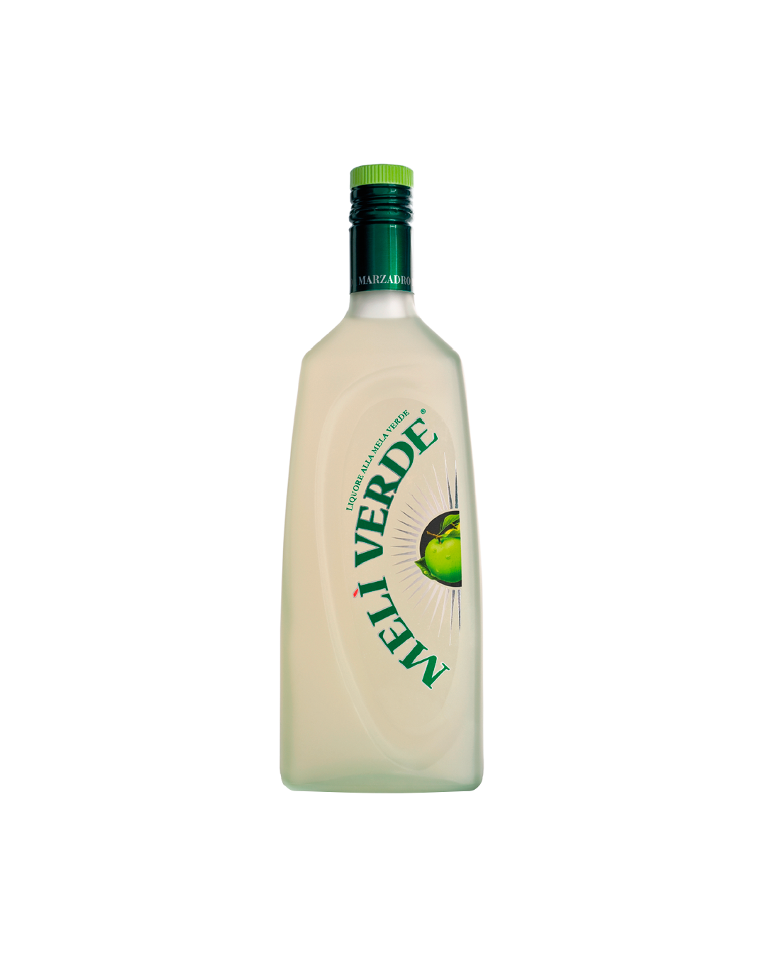 Liquore Marzadro Melì Verde, bottiglia del liquore alla mela verde