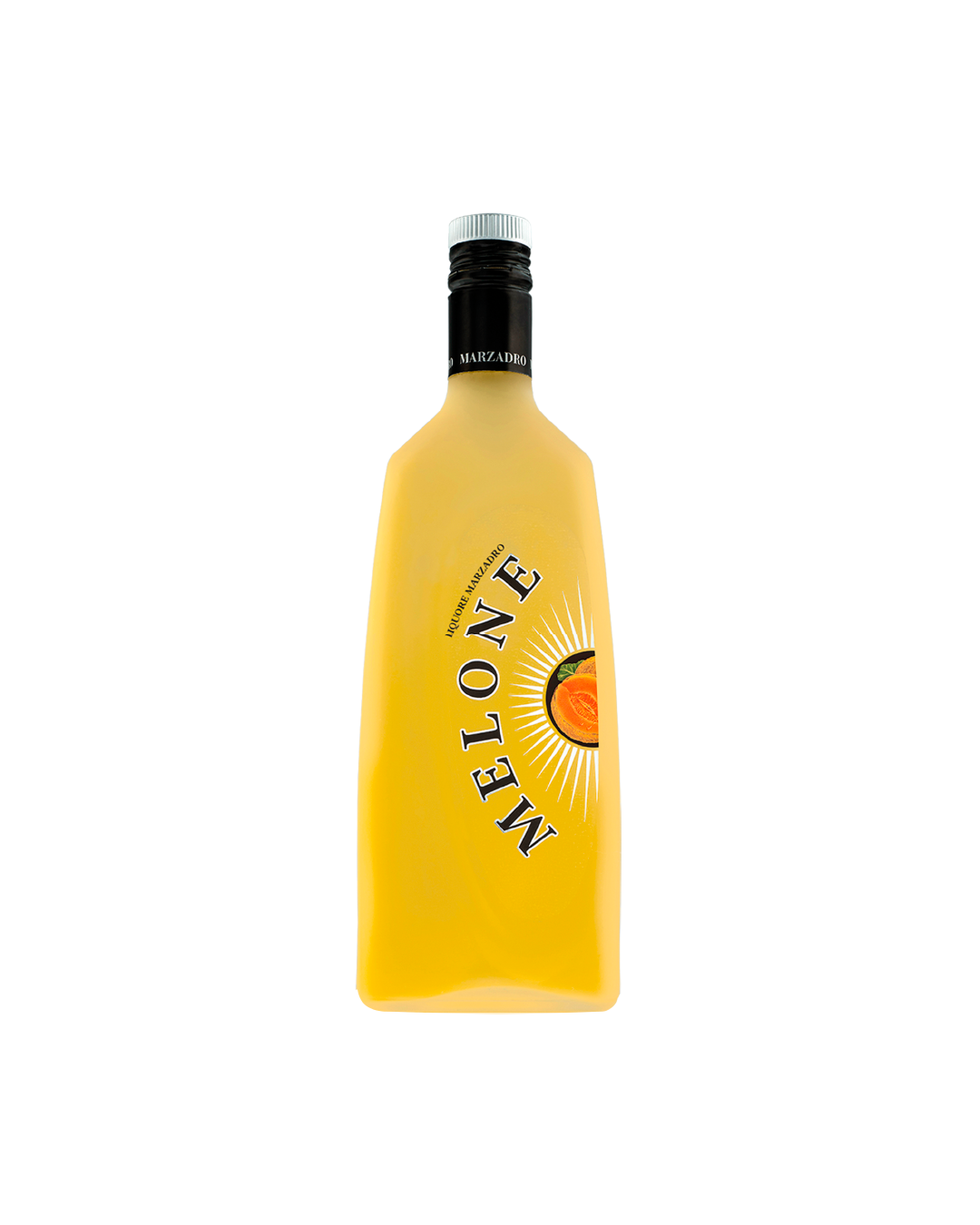 Liquore Marzadro Melone, bottiglia del liquore al melone su sfondo bianco