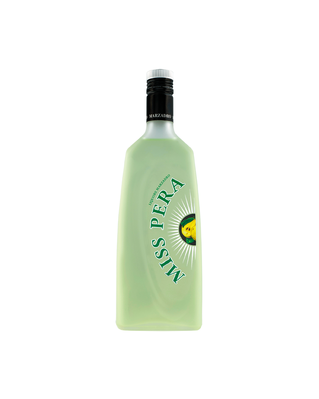Liquore Marzadro Miss Pera, bottiglia del liquore alla pera su sfondo bianco