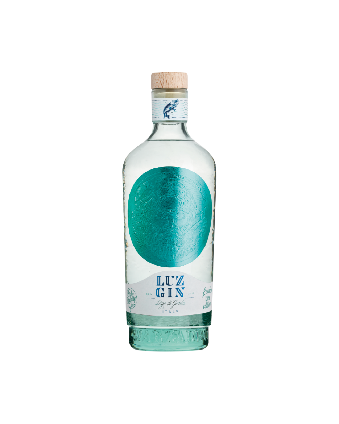 Luz Gin London Dry Marzadro, bottiglia su sfondo bianco