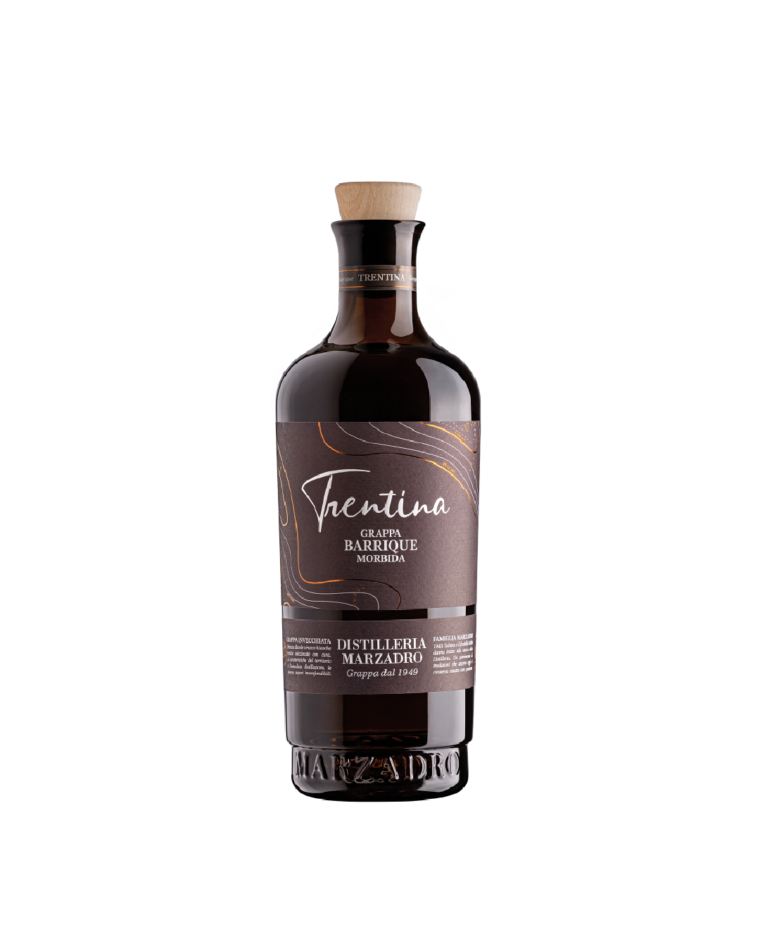 Marzadro Grappa Trentina Morbida, bottiglia su sfondo bianco