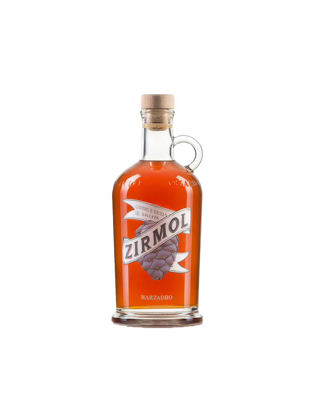 Marzadro Zirmol, bottiglia del liquore al pino cembro su sfondo bianco