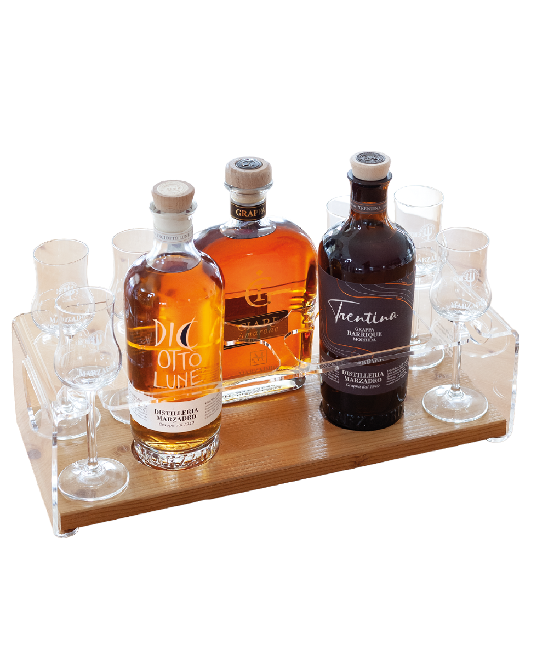 Kit Flight Marzadro per degustazione grappa, con bottigliette e accessori