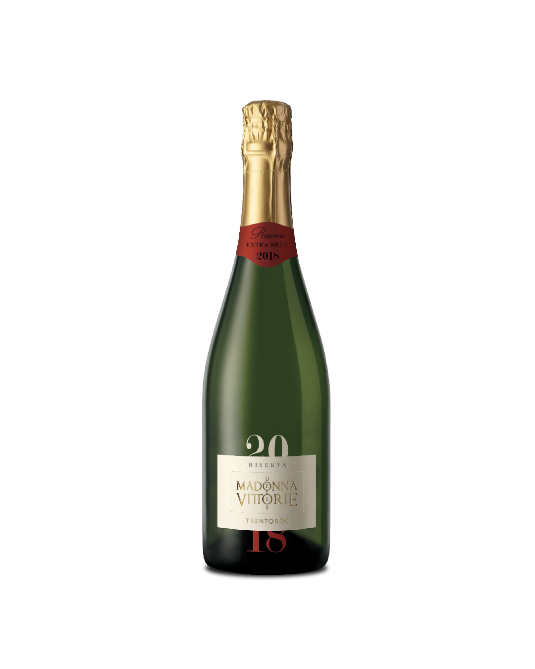 Trento Doc Brut Riserva MDV, bottiglia di spumante trentino su sfondo bianco