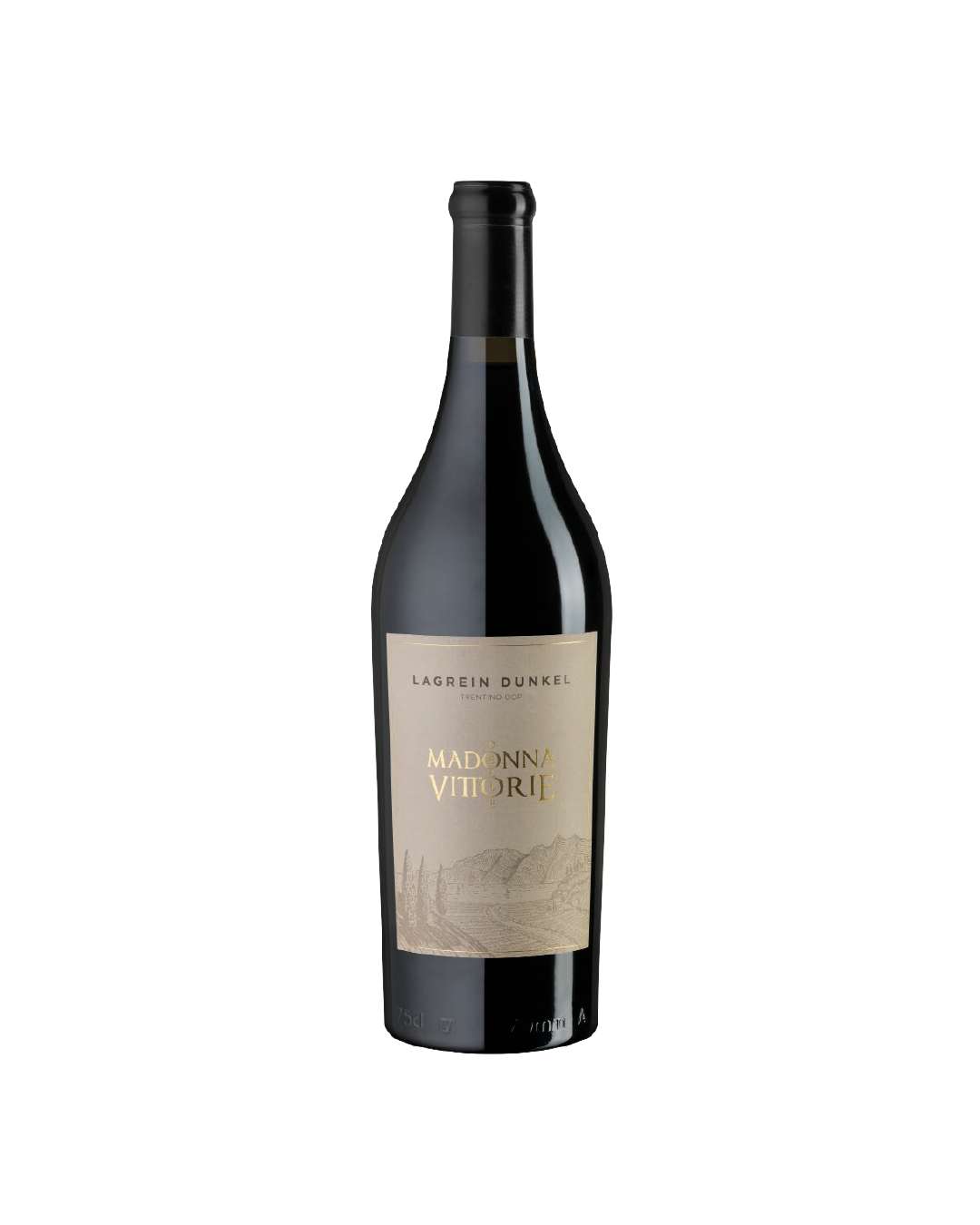 Lagrein Dunkel MDV, bottiglia di vino rosso trentino su sfondo bianco
