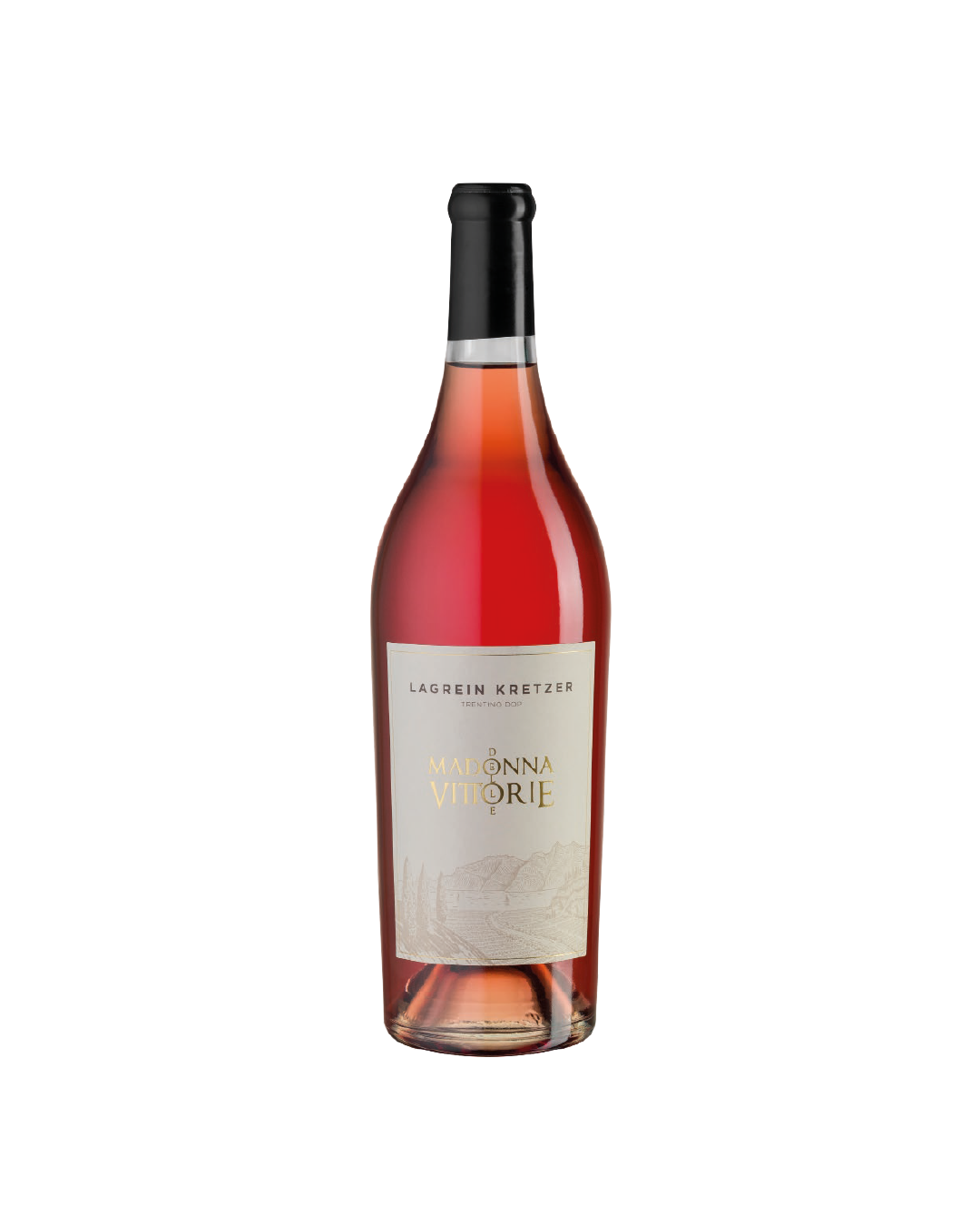 Lagrein Kretzer MDV, bottiglia di vino rosato trentino su sfondo bianco