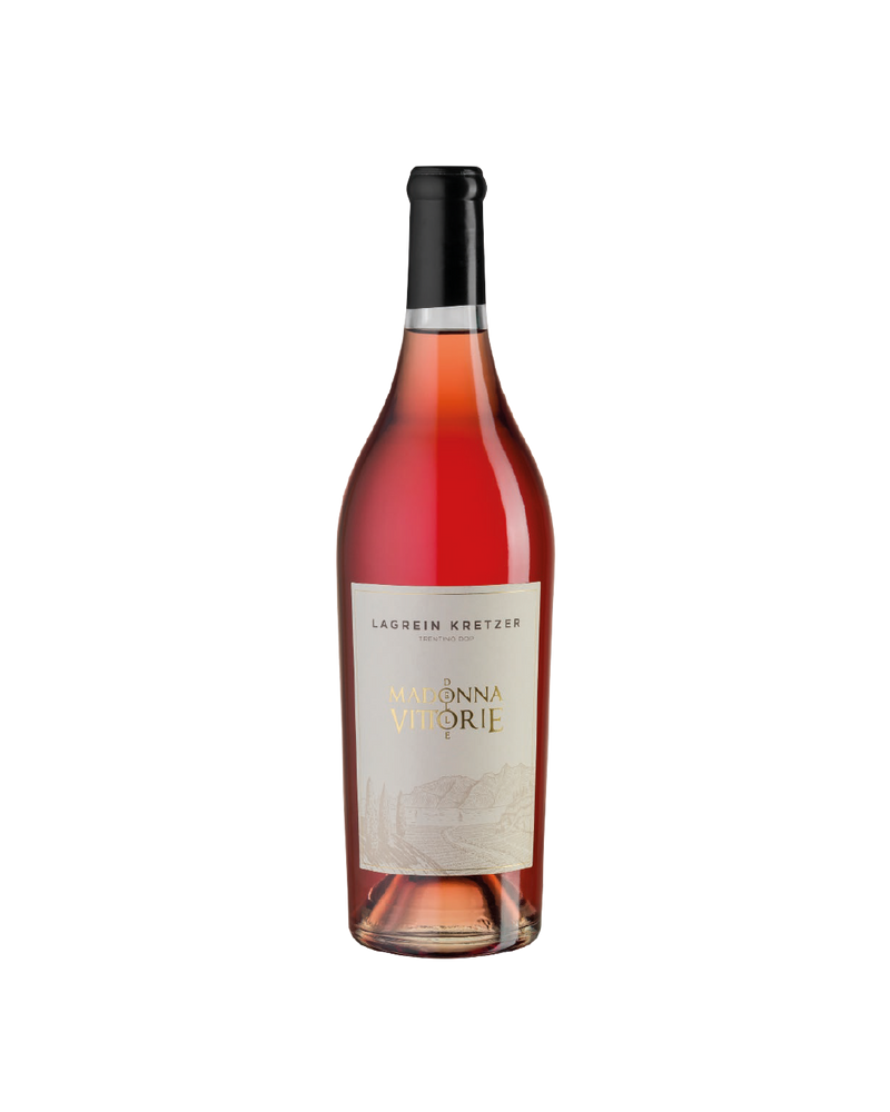 Lagrein Kretzer MDV, bottiglia di vino rosato trentino su sfondo bianco