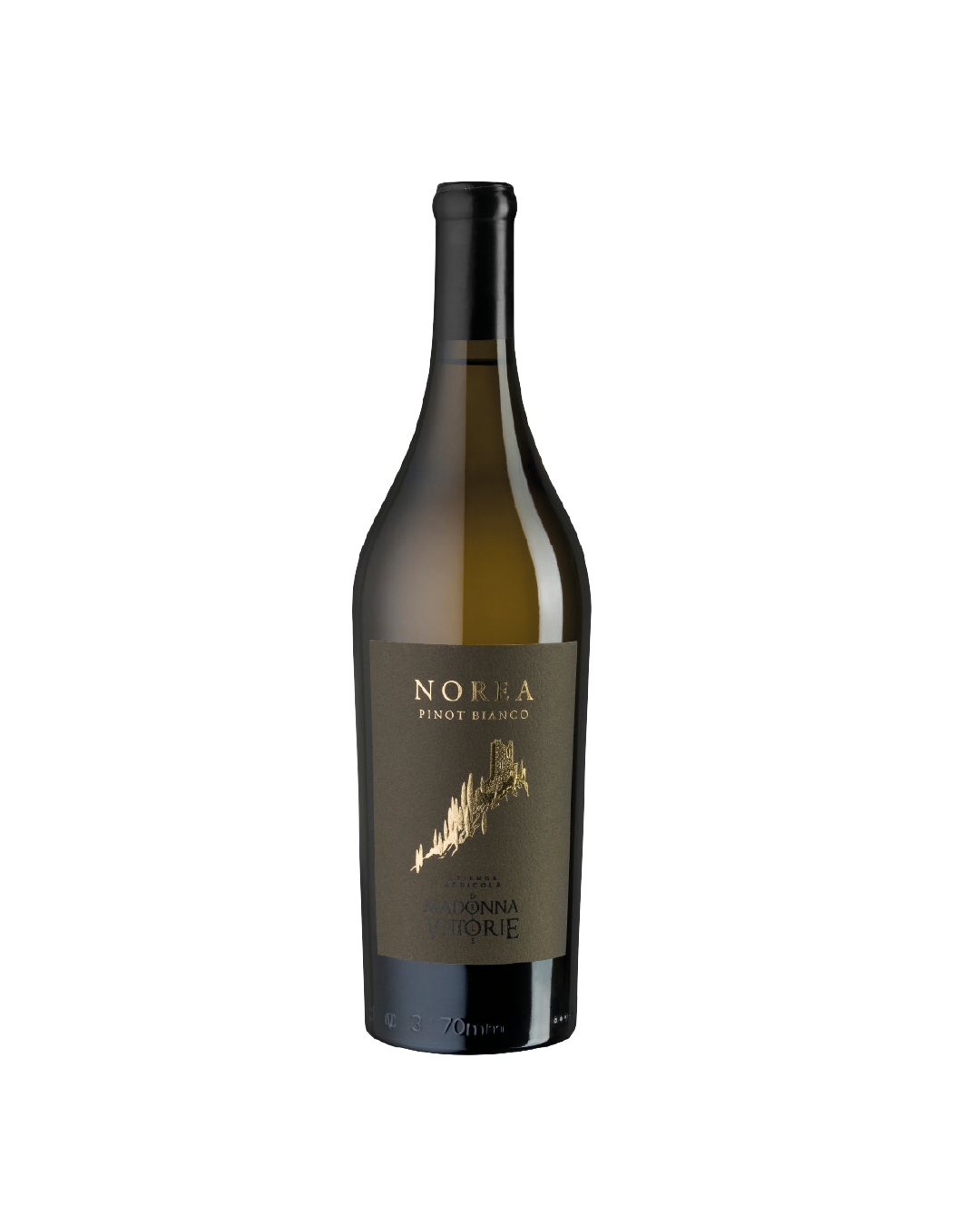 Norea Pinot Bianco MDV, bottiglia di vino bianco trentino su sfondo bianco
