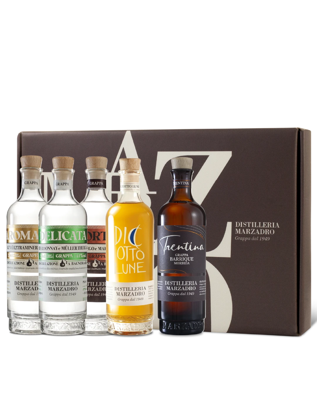 Collezione Grappe Marzadro con 5 bottiglie e invito in distilleria
