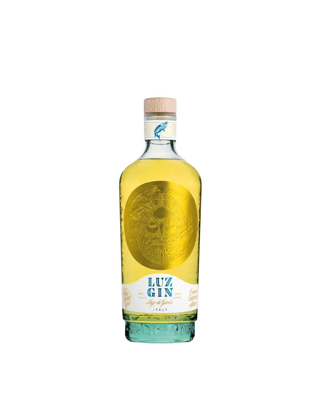 Luz Gin Lemon Marzadro, bottiglia su sfondo bianco