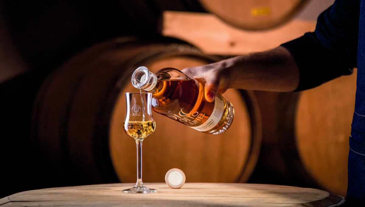 Grappa Marzadro Diciotto Lune versata in un calice da grappa, botti di rovere sullo sfondo in una cantina